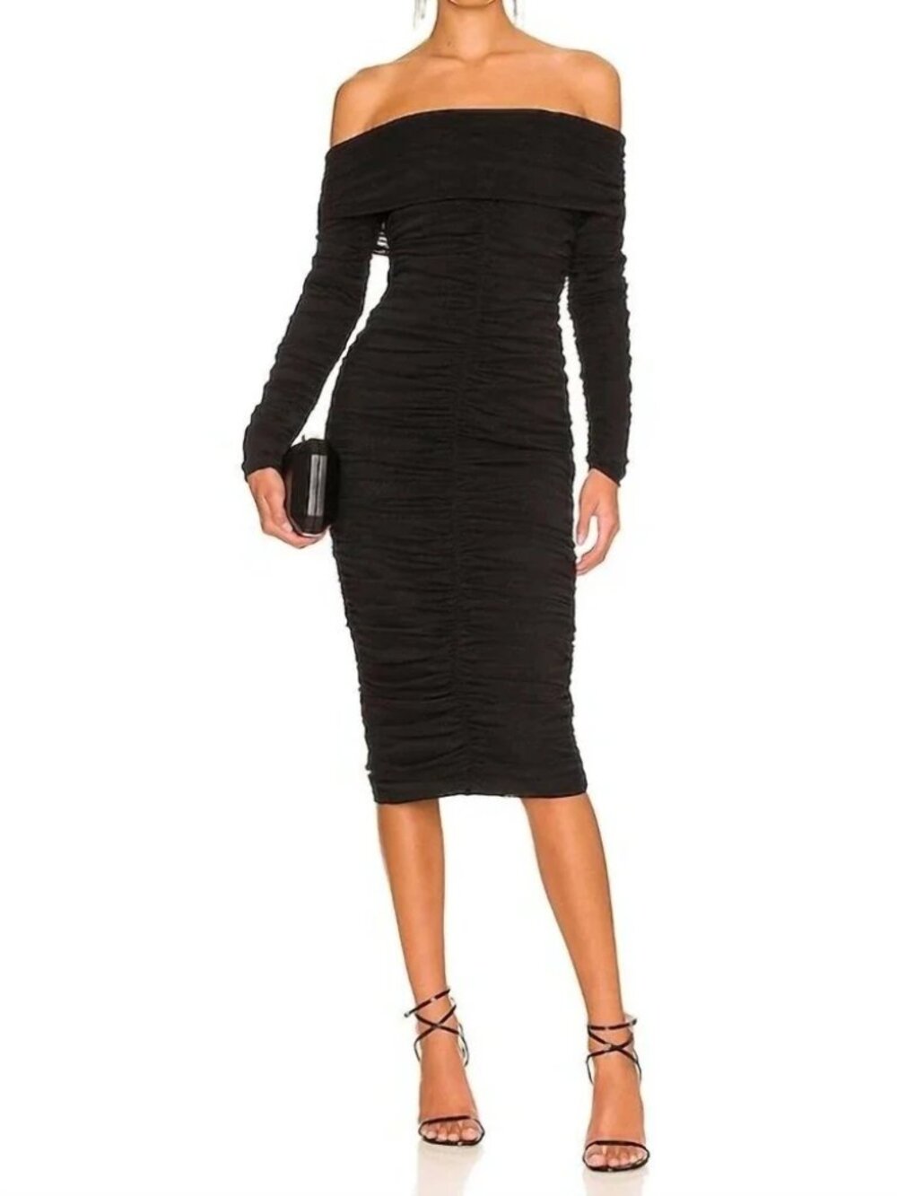 NWT Elliatt Pamilla Dress Black Ruched Mesh Bodycon Midi Long Sleeve Small